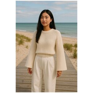 ALC Ivory Cotton Knit Crewneck‎ Relax Fit Wide Sleeve Pullover Cropped Sweater M